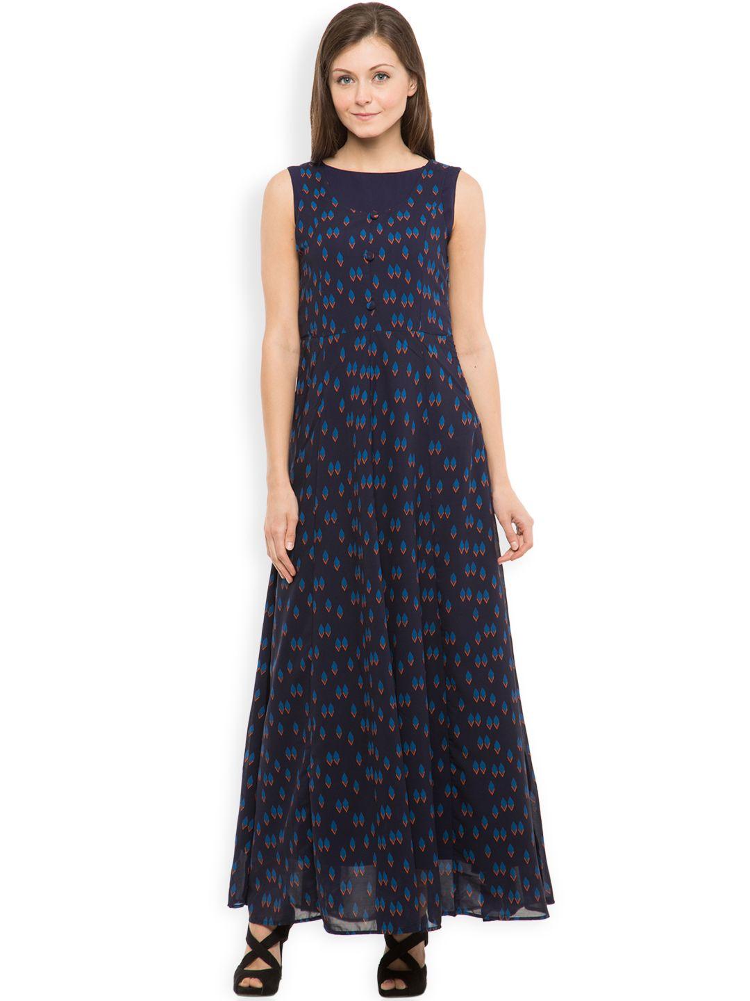 tokyo talkies women navy blue printed maxi dress