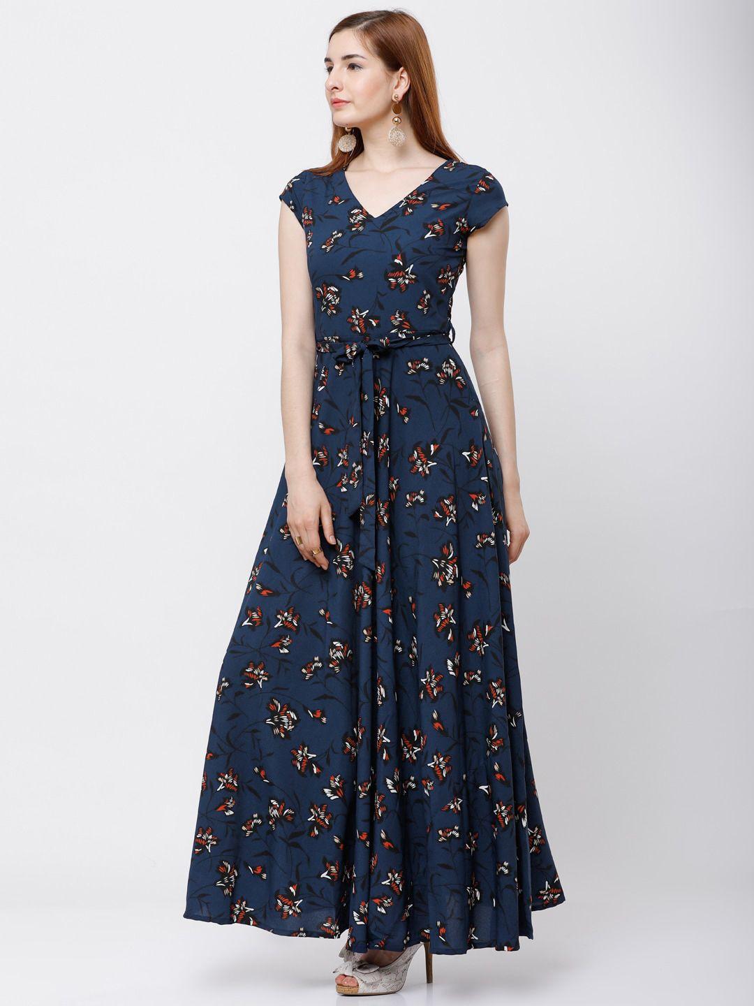 tokyo talkies women navy blue printed maxi dress