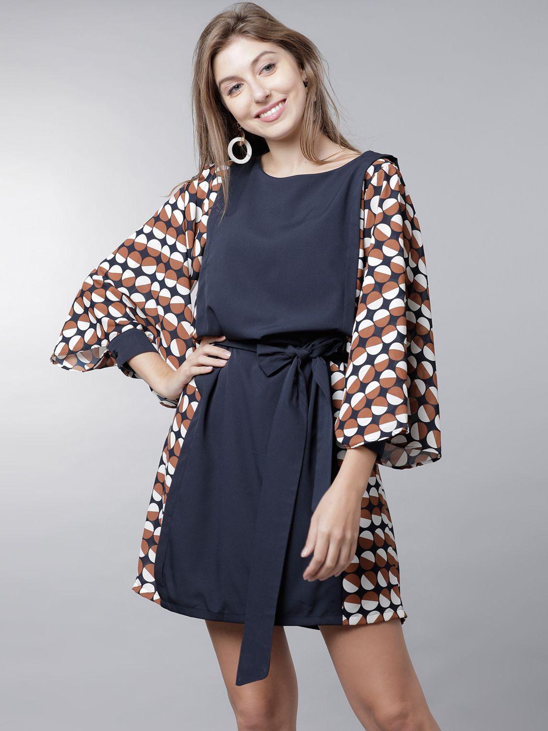 tokyo talkies women navy blue printed panelled a-line dress with belt