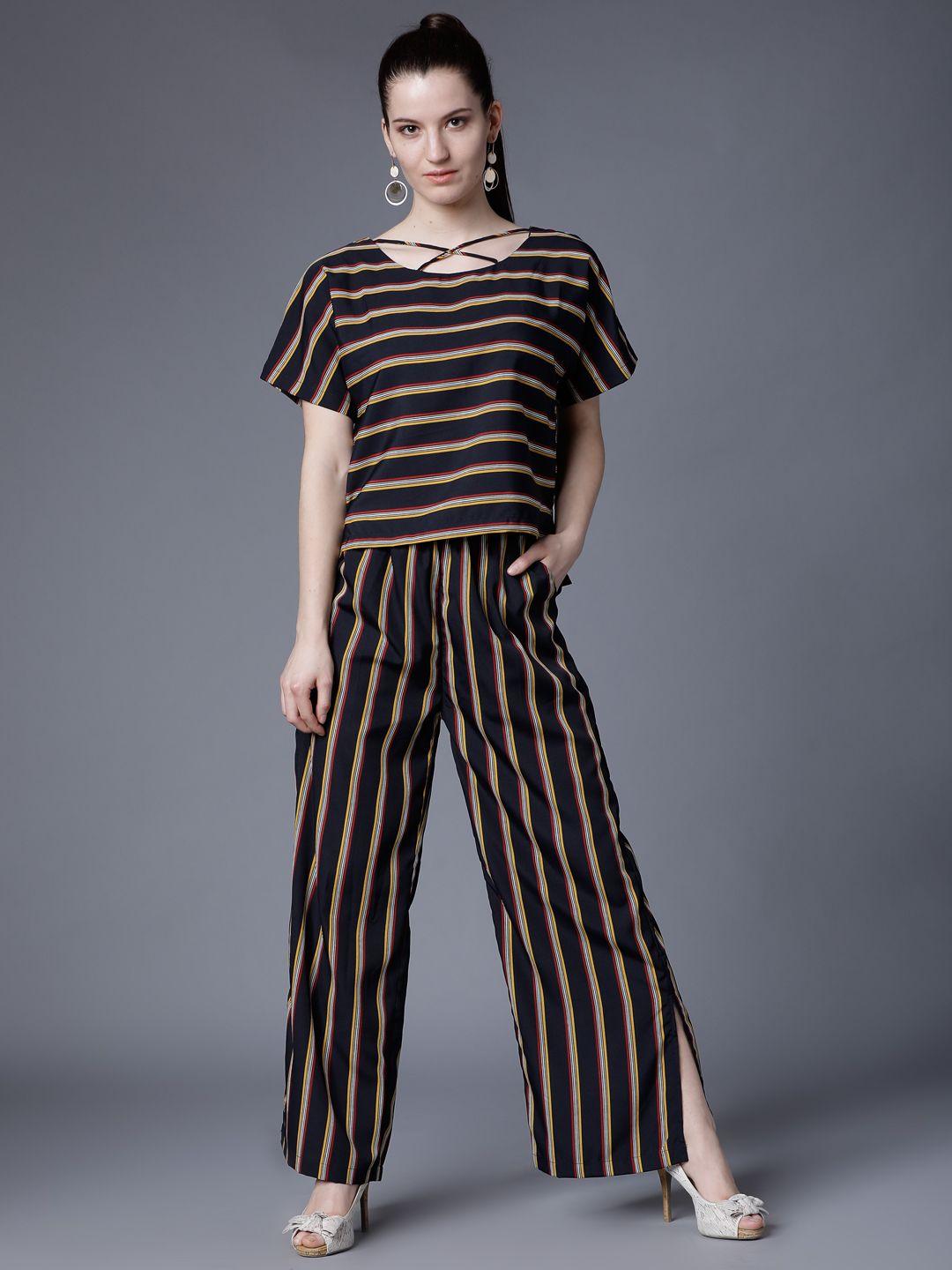 tokyo talkies women navy blue printed top with trousers