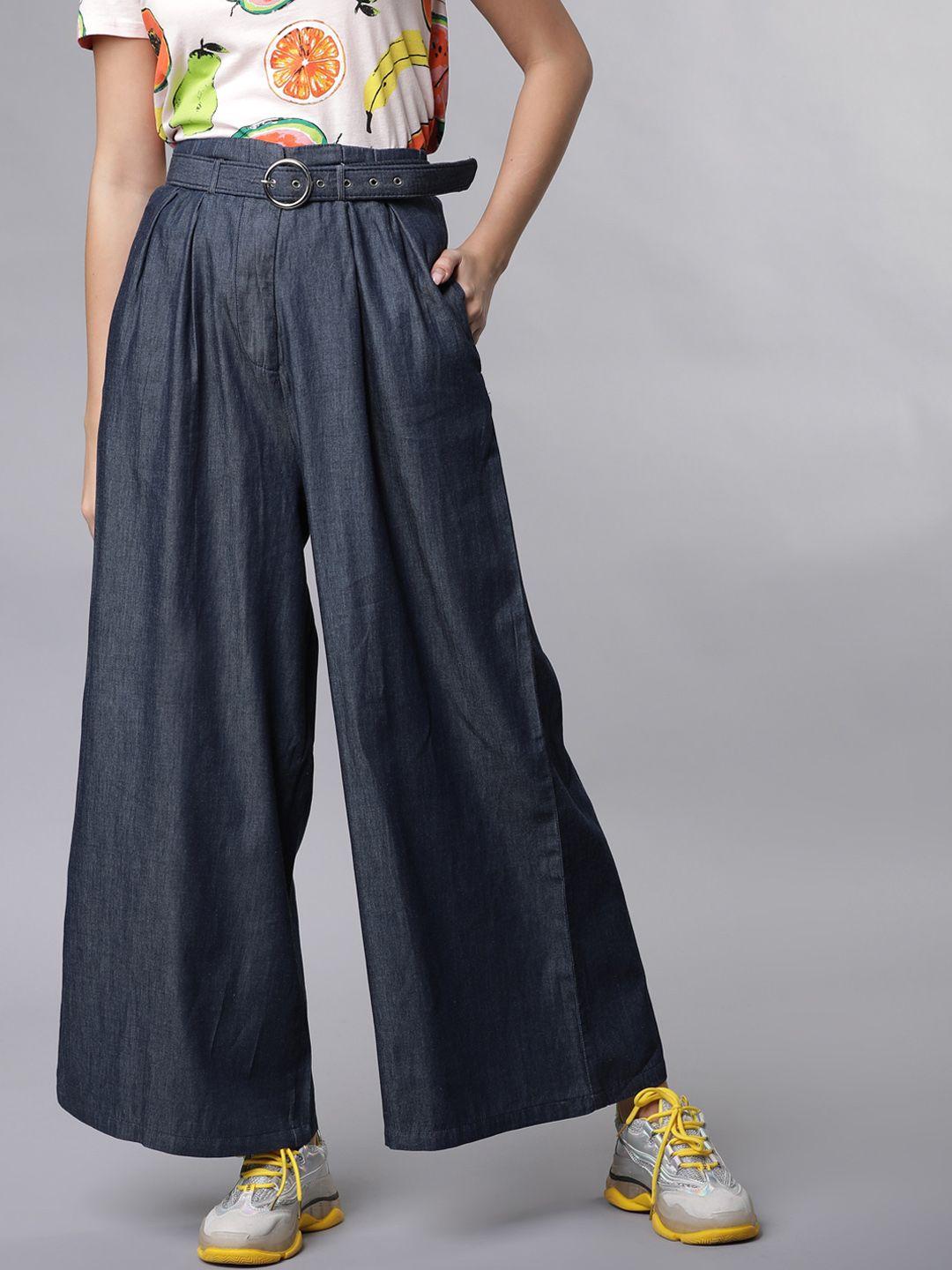tokyo talkies women navy blue regular fit solid parallel trousers