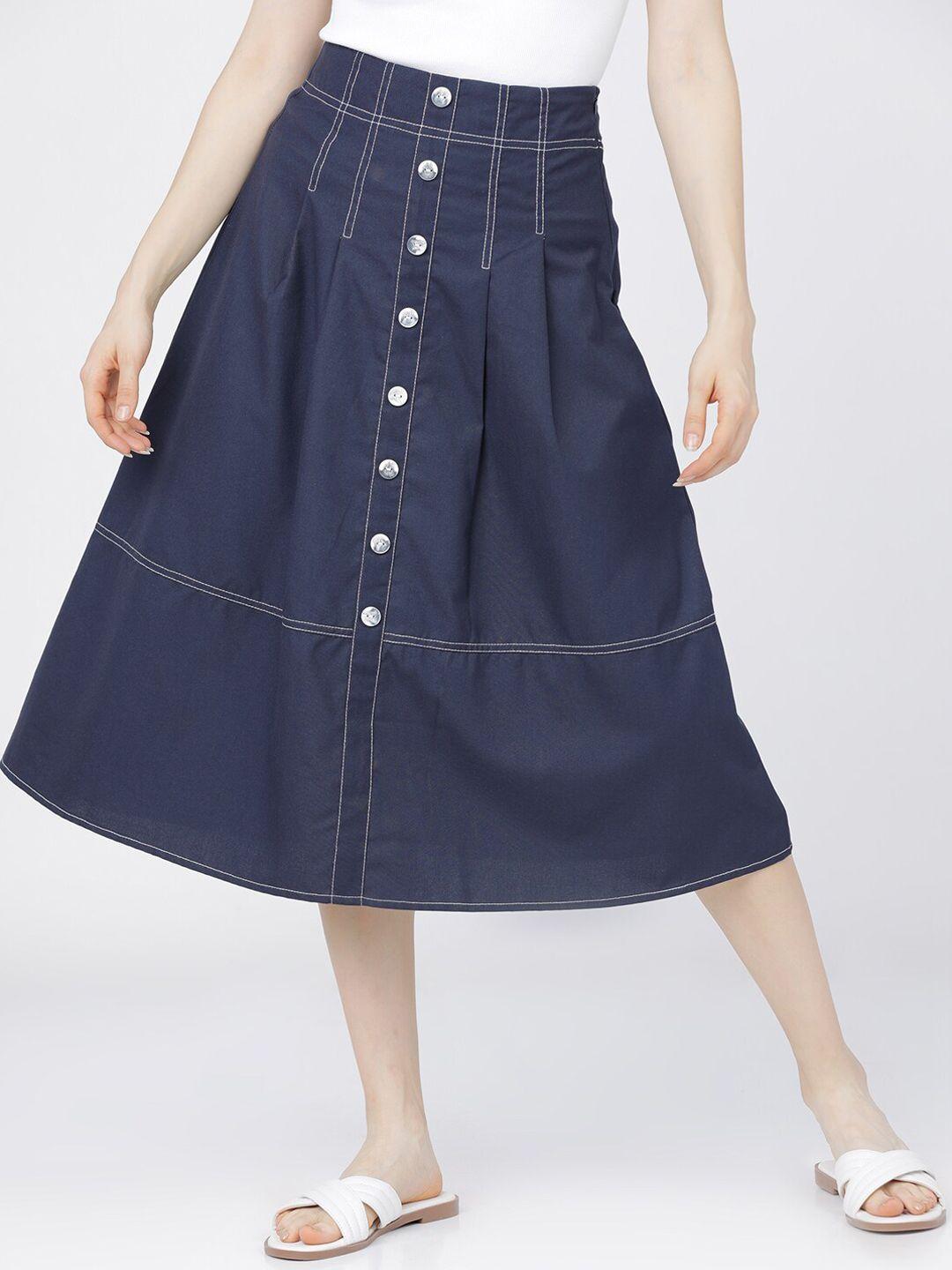 tokyo talkies women navy blue solid casual-fit midi a-line skirt