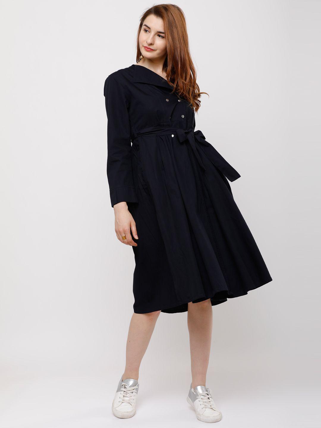 tokyo talkies women navy blue solid fit and flare dress