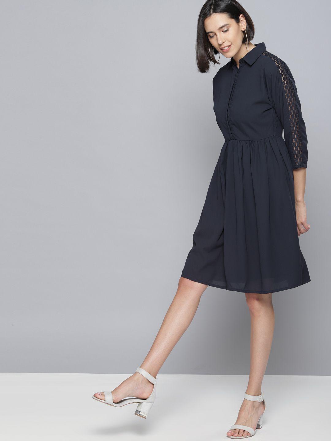 tokyo talkies women navy blue solid fit and flare dress