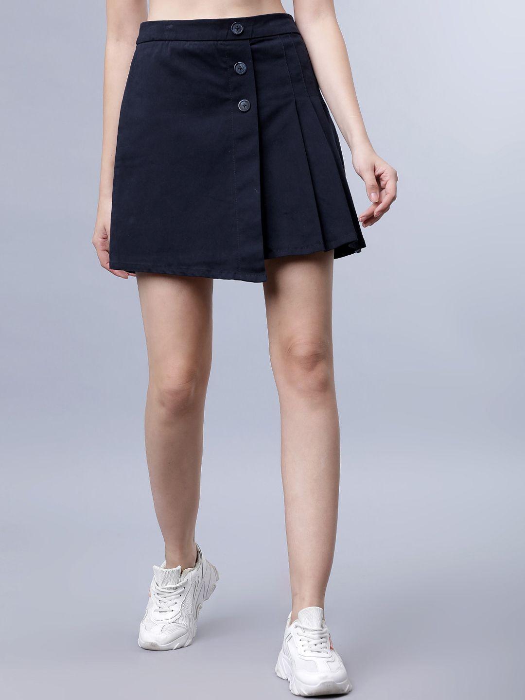 tokyo talkies women navy blue solid pleated mini skorts