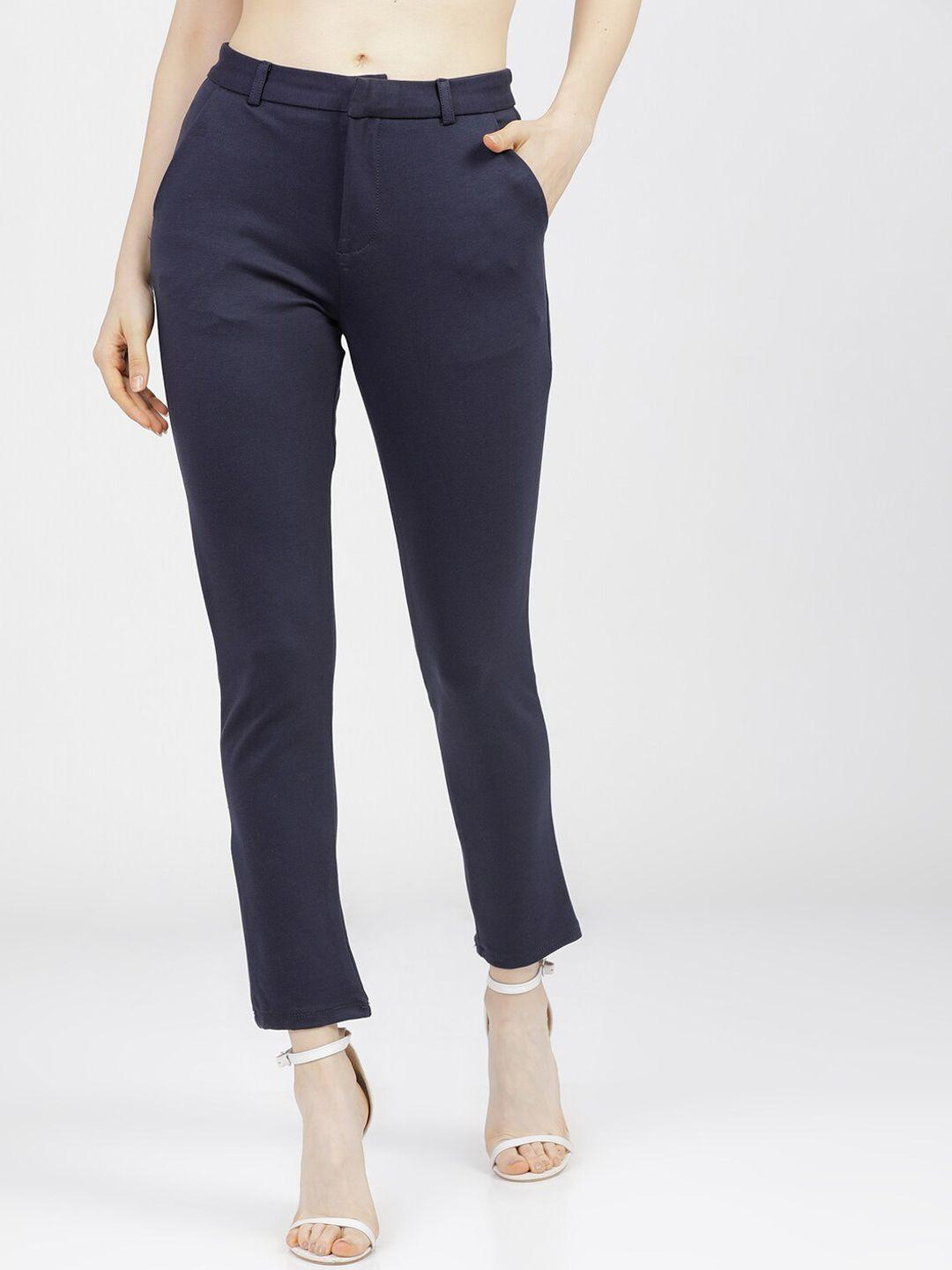 tokyo talkies women navy blue solid slim fit trousers