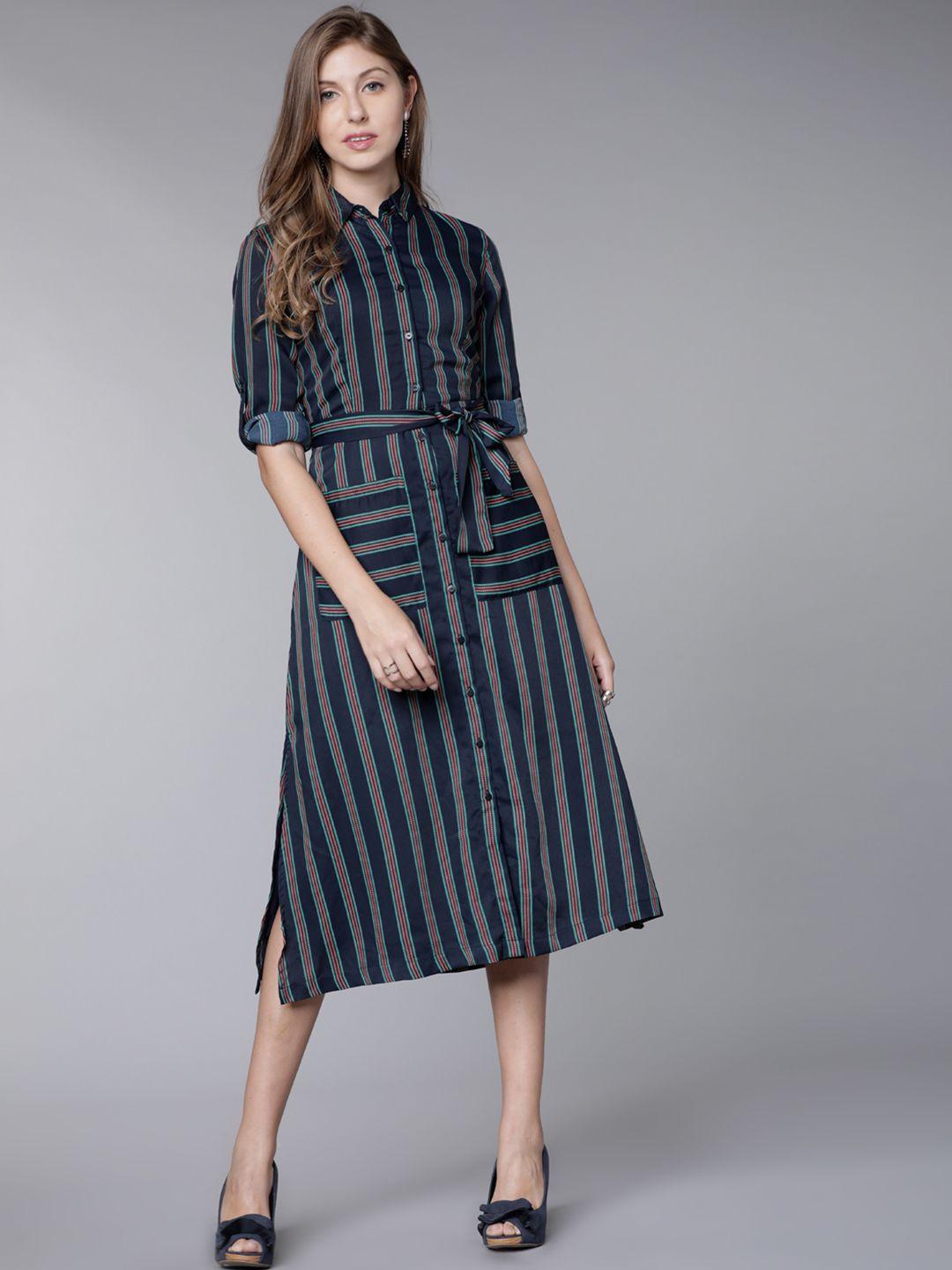 tokyo talkies women navy blue striped shirt dress