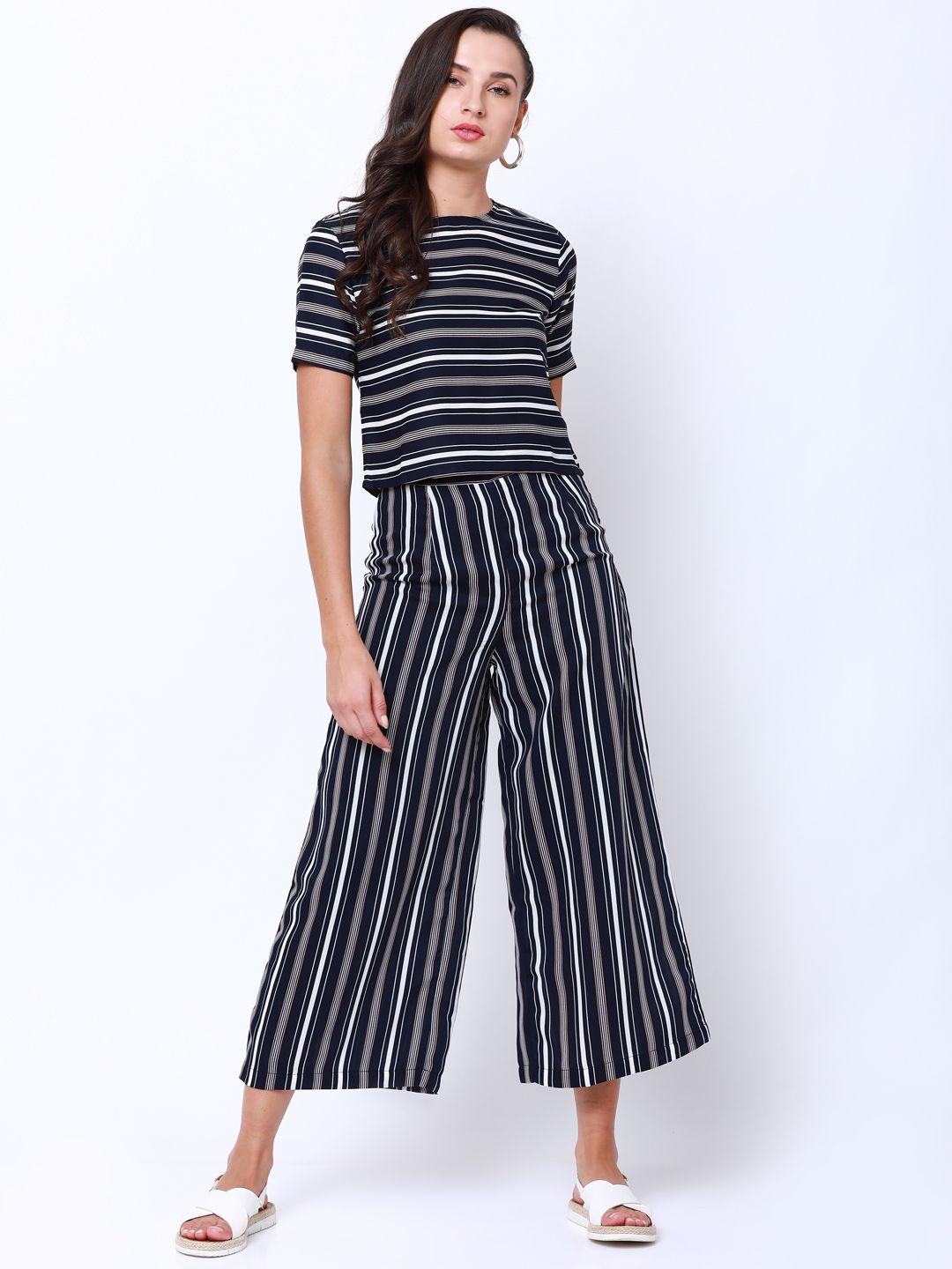 tokyo talkies women navy blue striped top with trousers
