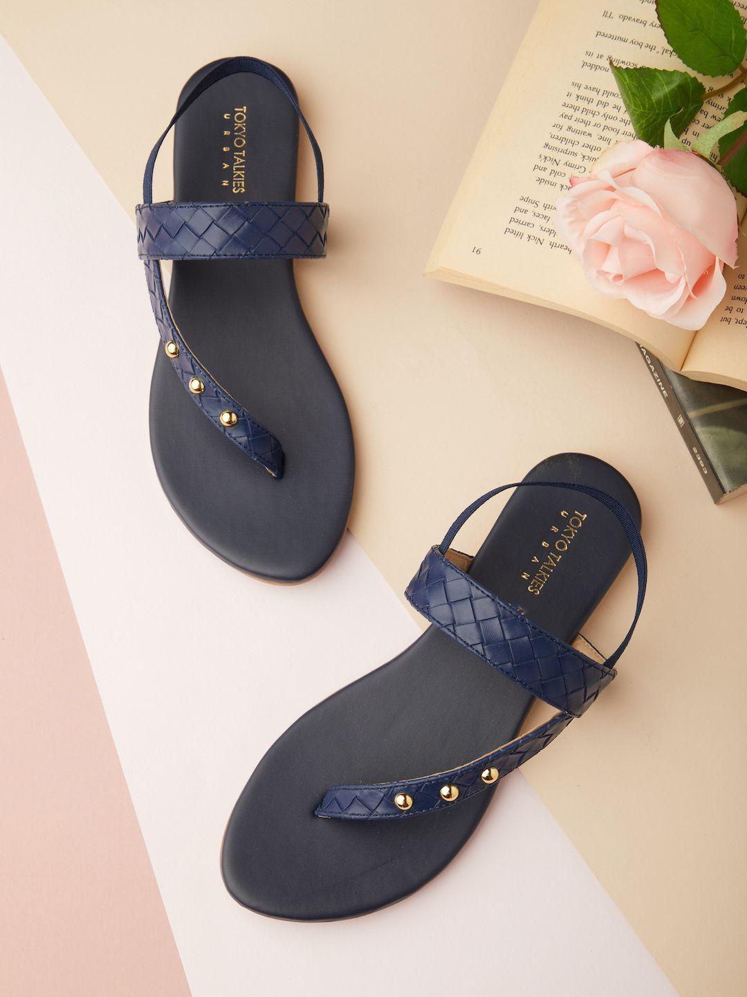 tokyo talkies women navy blue t-strap flats