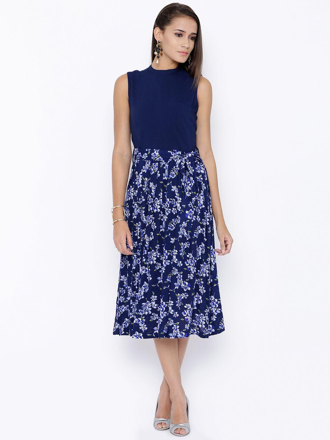 tokyo talkies women navy printed fit and flare dress