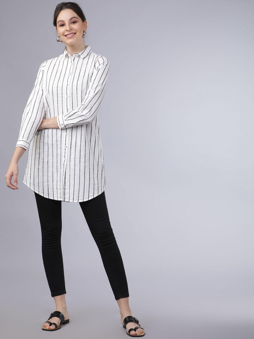 tokyo talkies women off-white & black regular fit striped casual shirt