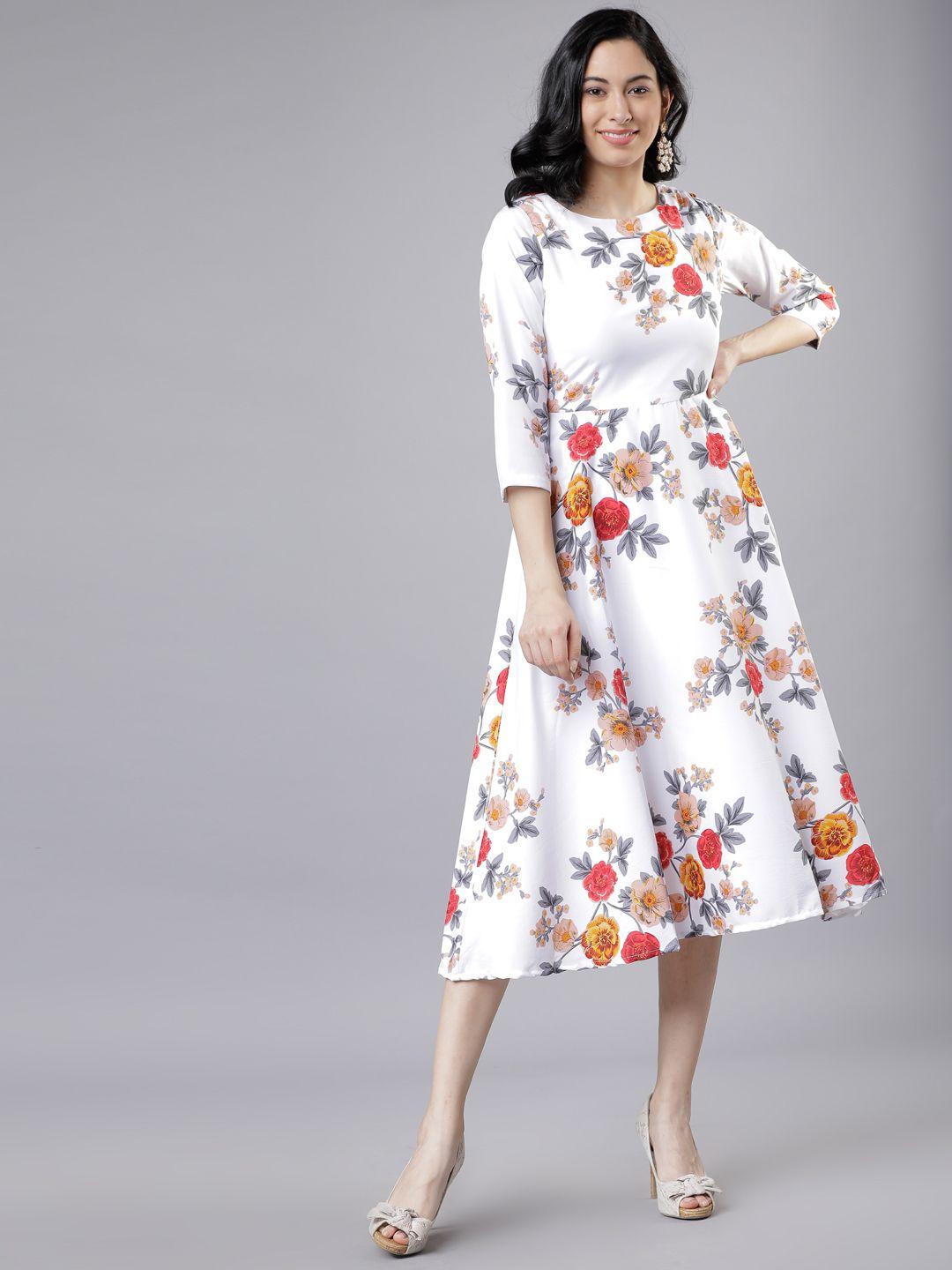 tokyo talkies women off-white & pink floral print fit and flare dress