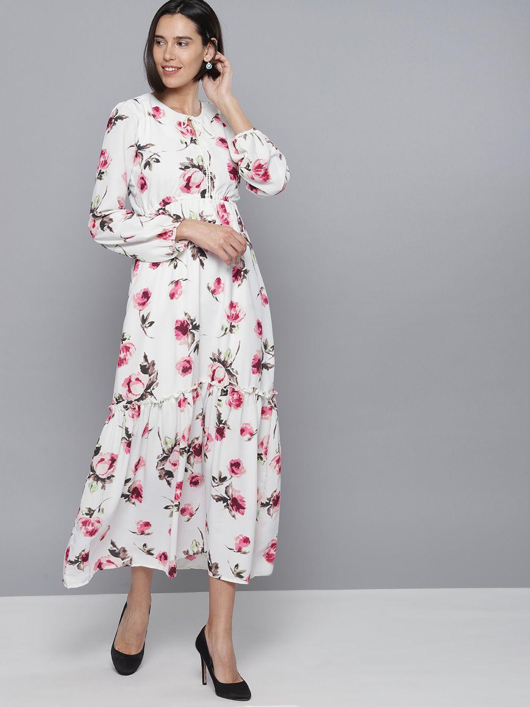tokyo talkies women off-white & pink printed maxi dress