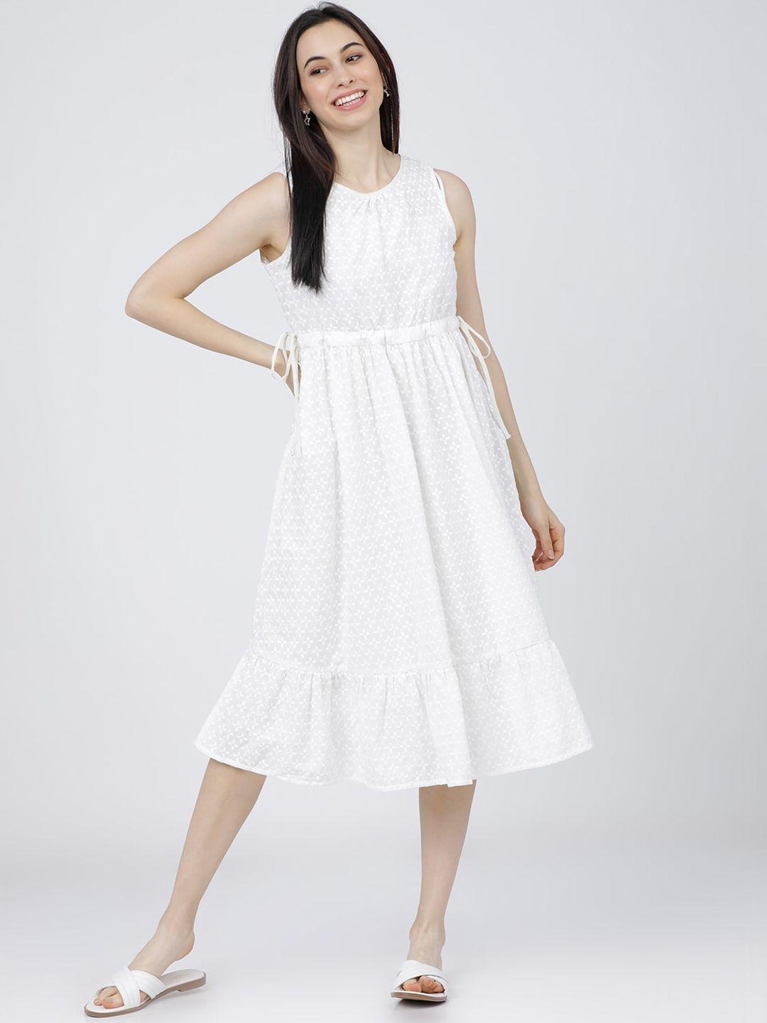 tokyo talkies women off white  embroidered gathered midi dress