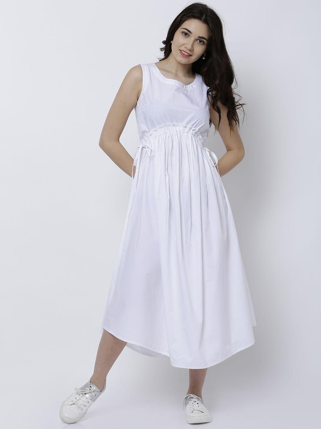 tokyo talkies women off-white solid fit and flare dress