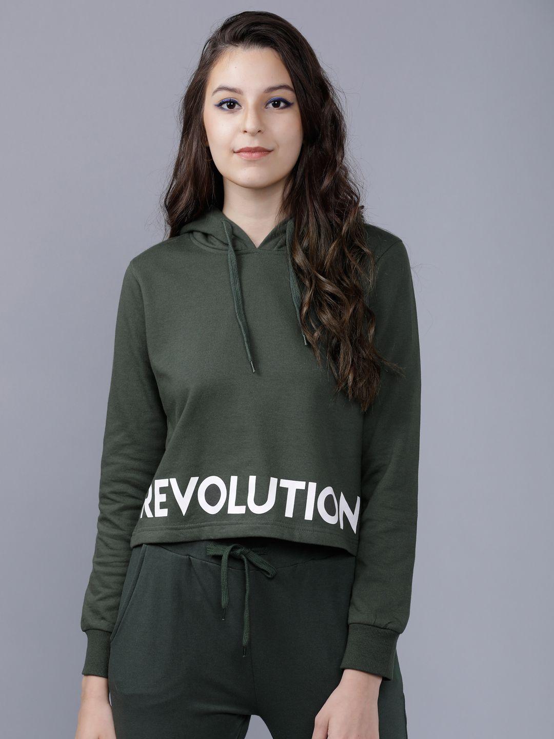 tokyo talkies women olive green & white solid hooded sweatshirt