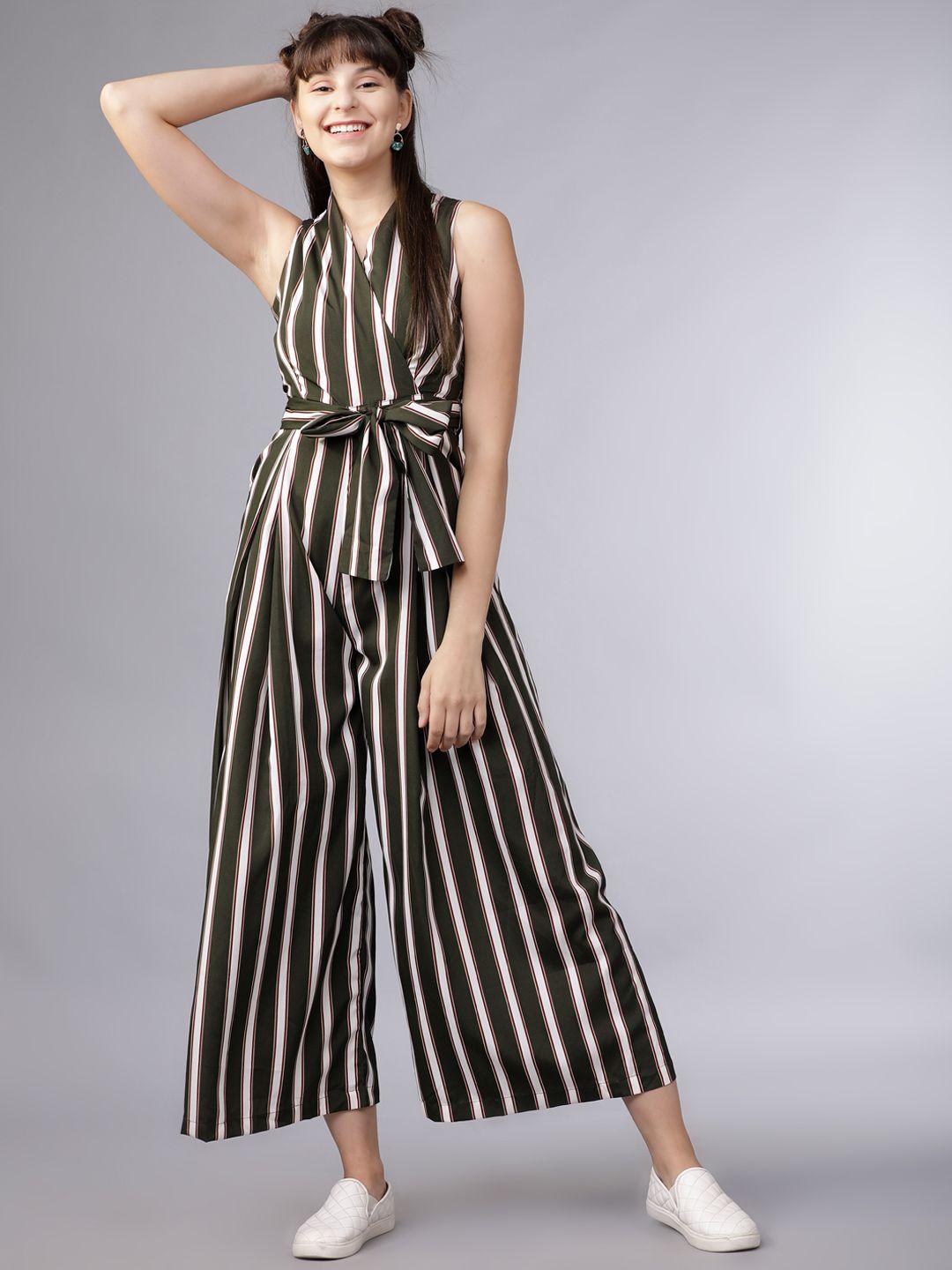 tokyo talkies women olive green & white striped culotte jumpsuit