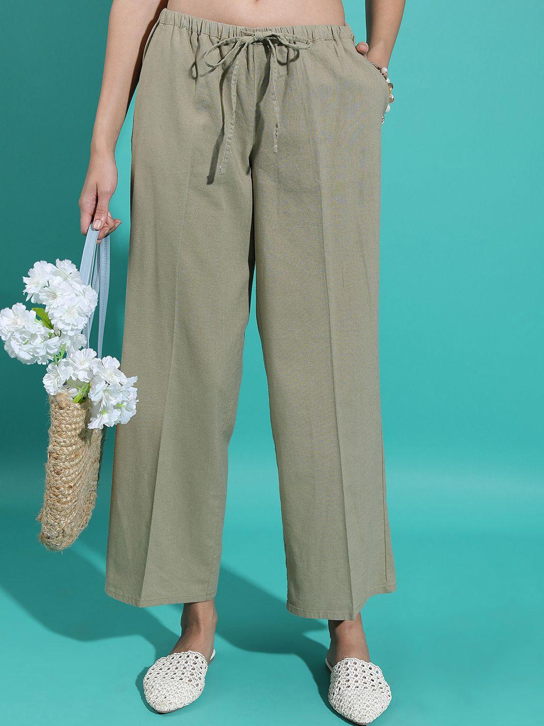 tokyo talkies women olive green mid rise cotton flared parallel trousers