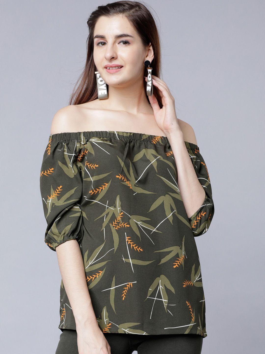 tokyo talkies women olive green printed bardot top