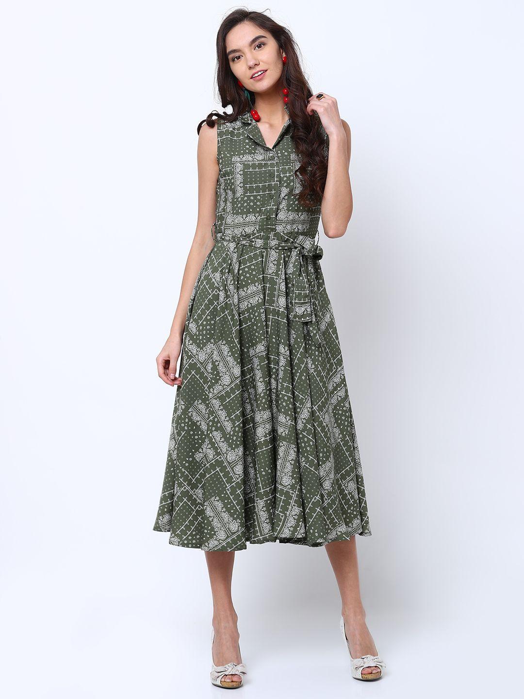 tokyo talkies women olive green printed fit and flare dress