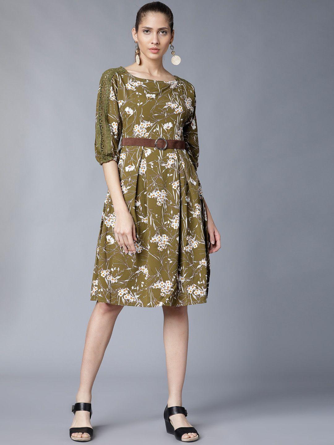 tokyo talkies women olive green printed fit and flare dress