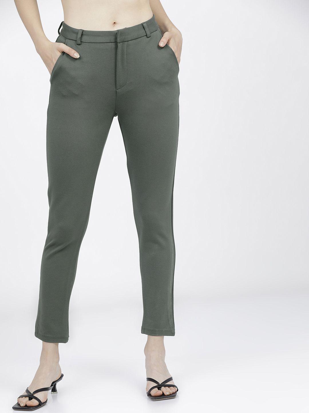 tokyo talkies women olive green slim fit trousers