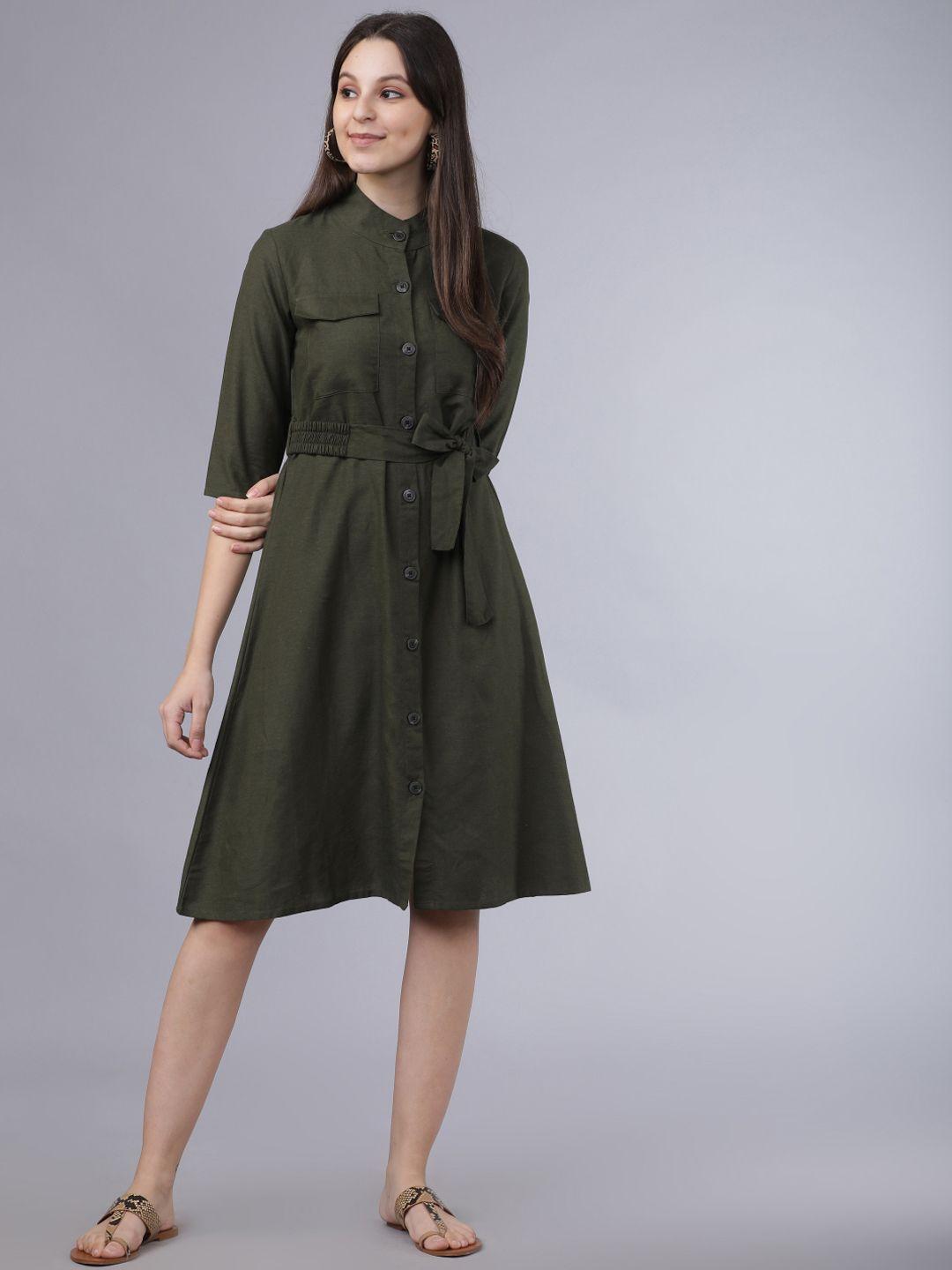 tokyo talkies women olive green solid a-line dress