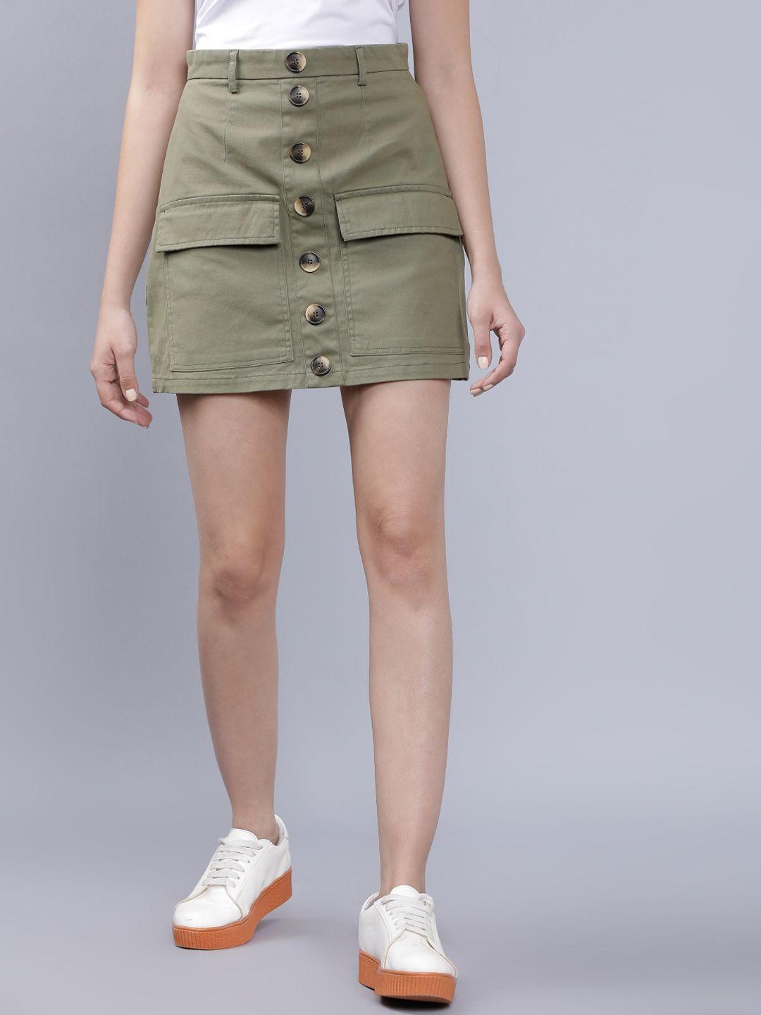 tokyo talkies women olive green solid a-line mini pure cotton skirt