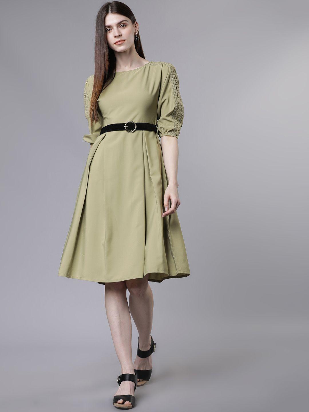 tokyo talkies women olive green solid fit and flare dress