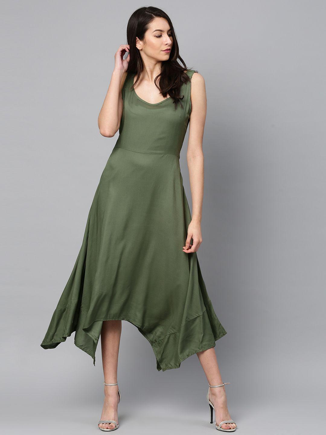 tokyo talkies women olive green solid fit and flare dress