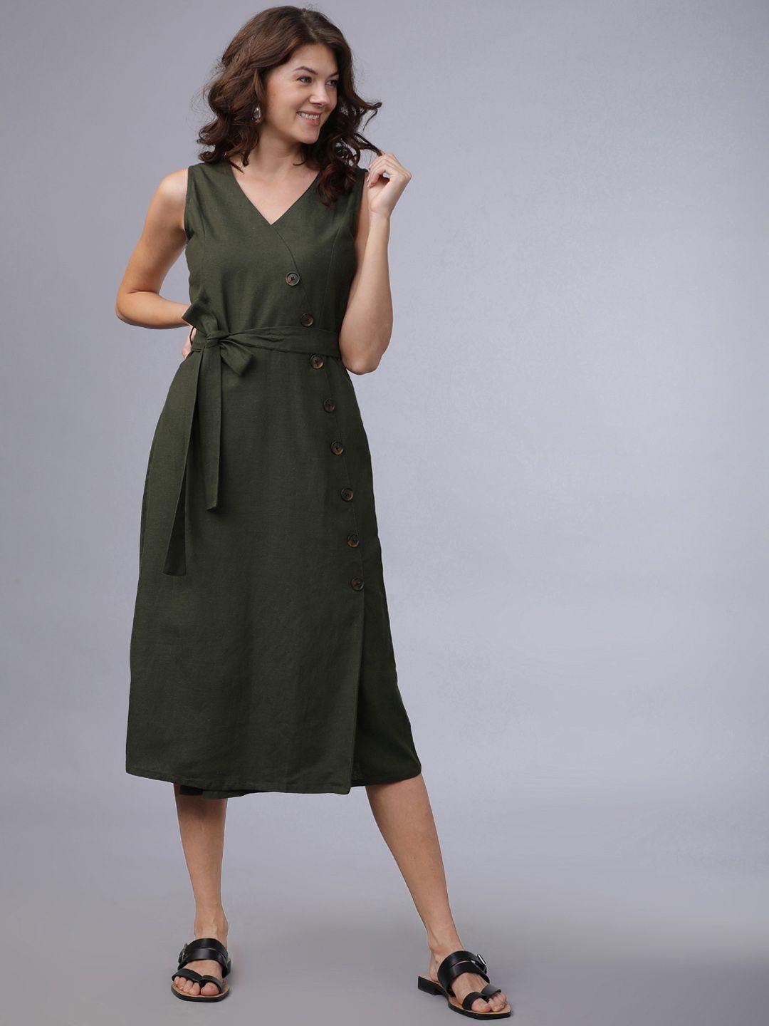 tokyo talkies women olive green solid fit and flare dress