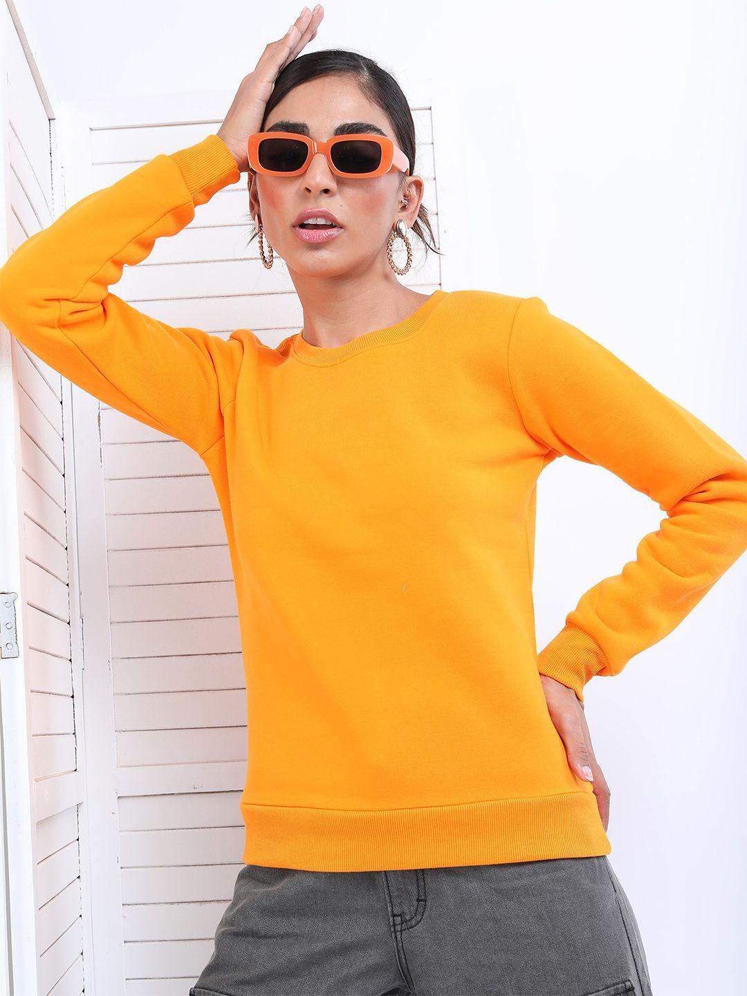 tokyo talkies women orange solid pullover sweatshirt