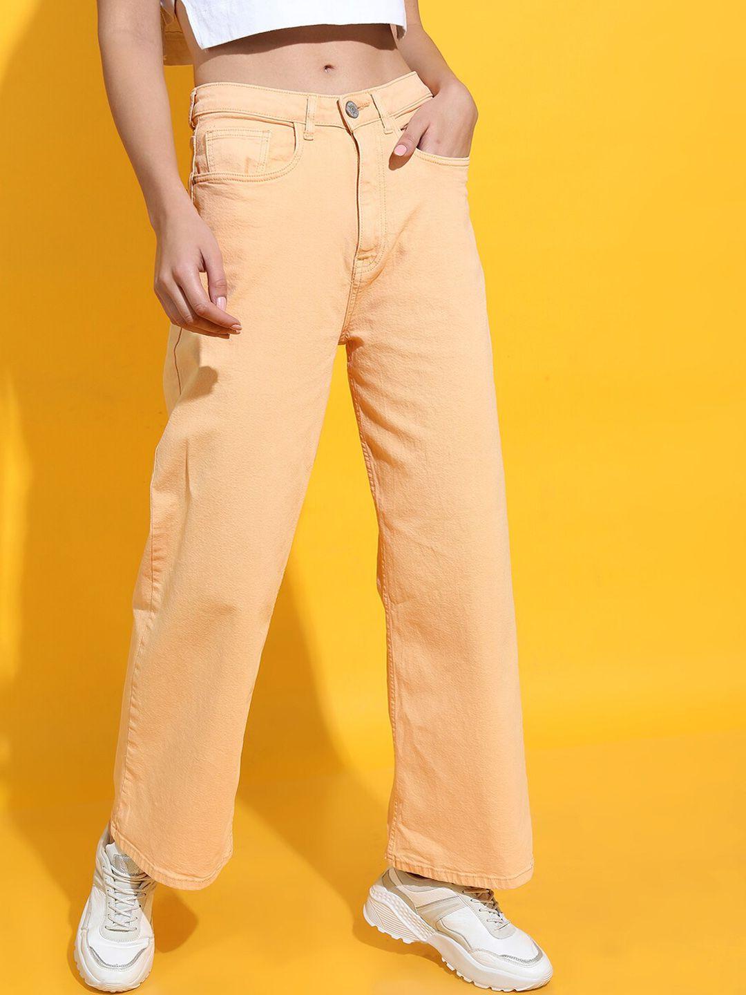 tokyo talkies women orange solid regular fit cotton jeans