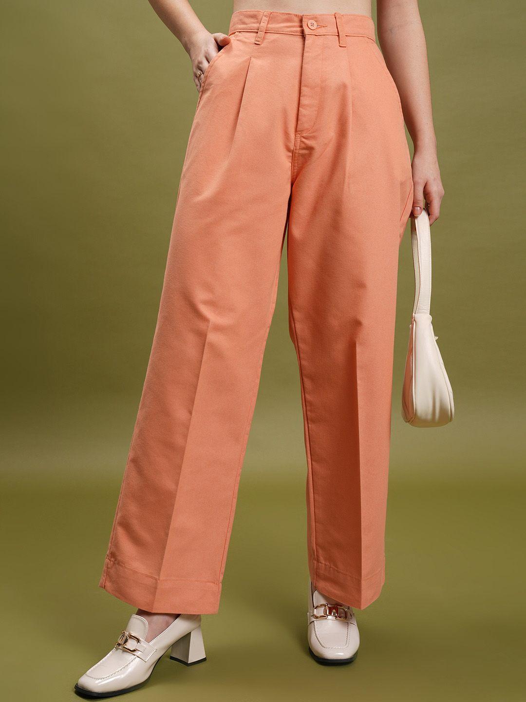 tokyo talkies women orange straight fit trousers