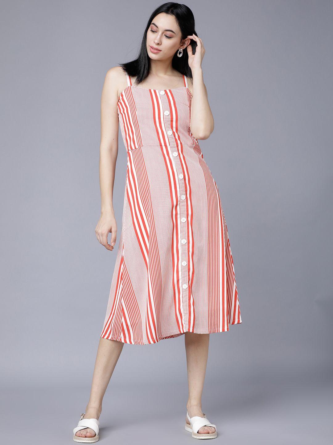 tokyo talkies women orange striped fit and flare dress