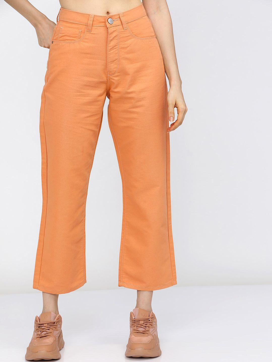 tokyo talkies women orange wide leg stretchable jeans