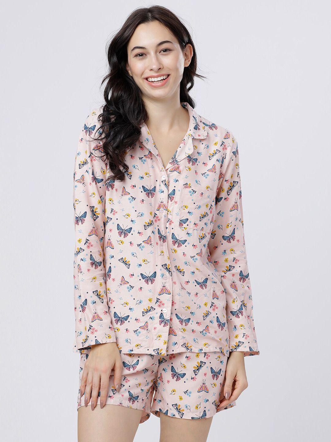 tokyo talkies women peach-coloured & blue printed night suit