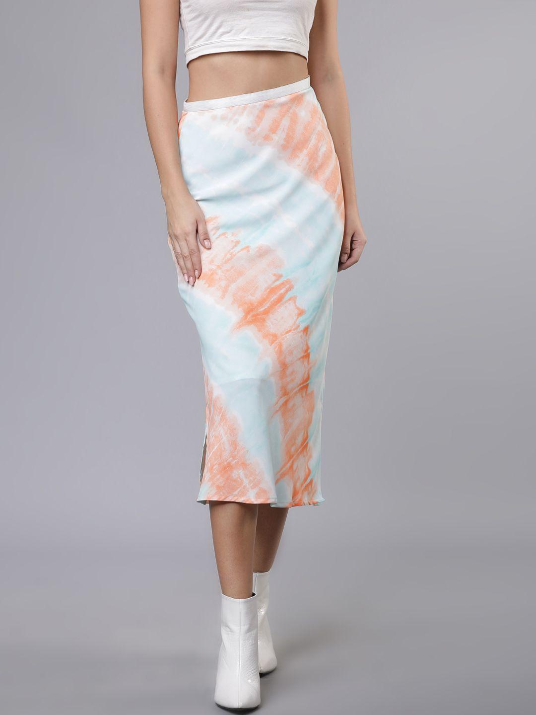 tokyo talkies women peach-coloured & blue tie-and-dye pencil midi georgette skirt