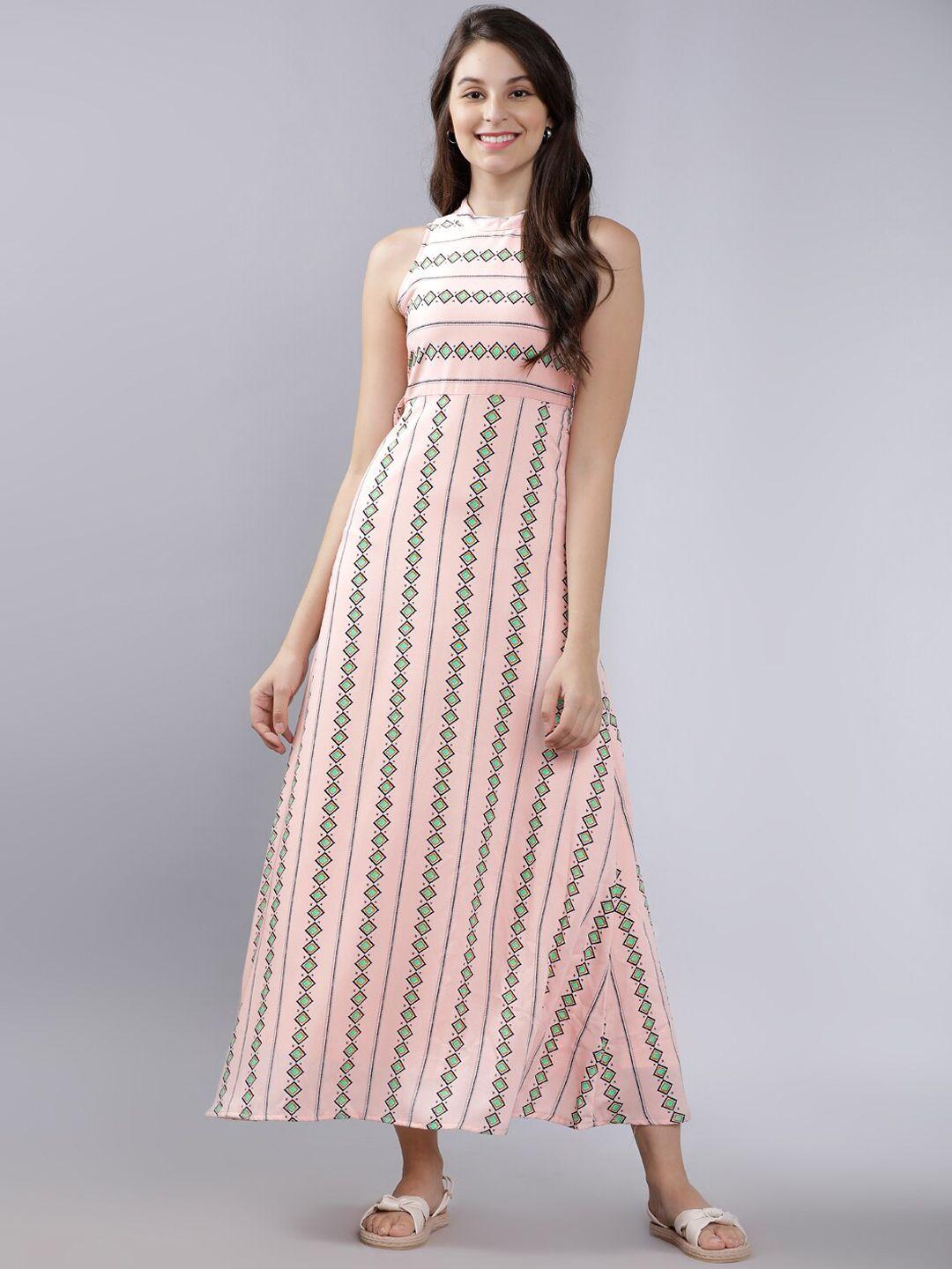 tokyo talkies women peach-coloured & green printed maxi dress