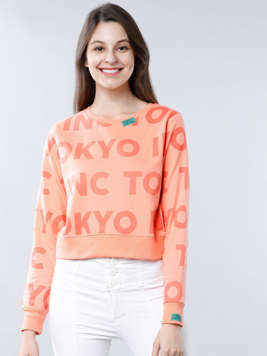 tokyo talkies women peach-coloured & orange printed sweatshirt
