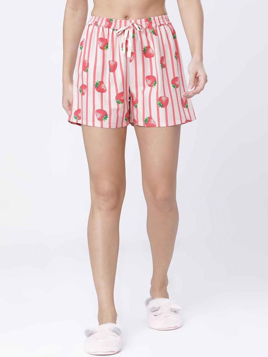 tokyo talkies women peach-coloured & red striped lounge shorts