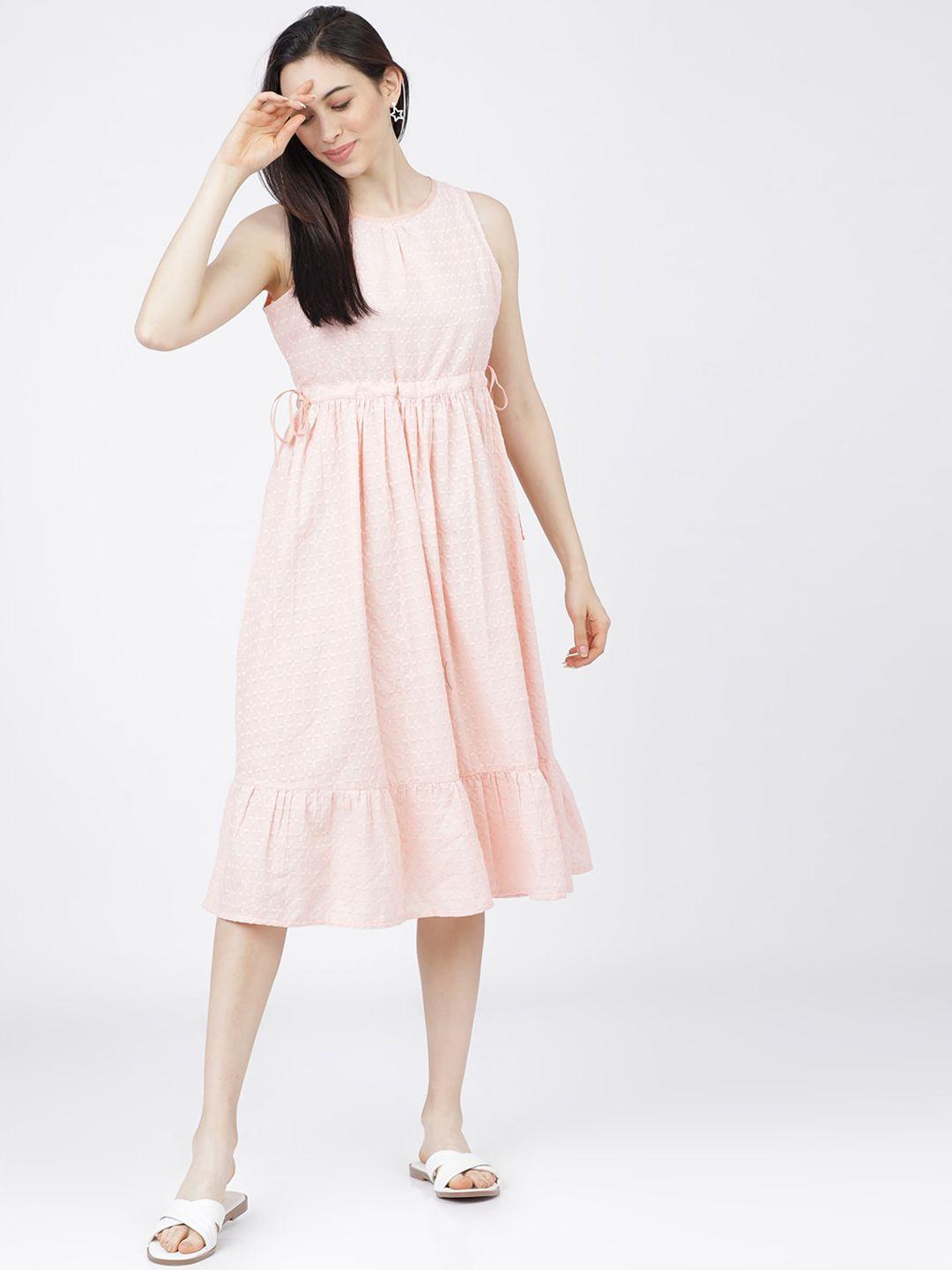 tokyo talkies women peach-coloured embroidered midi dress