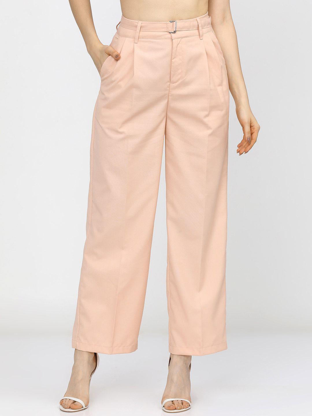 tokyo talkies women peach-coloured flared pleated trousers