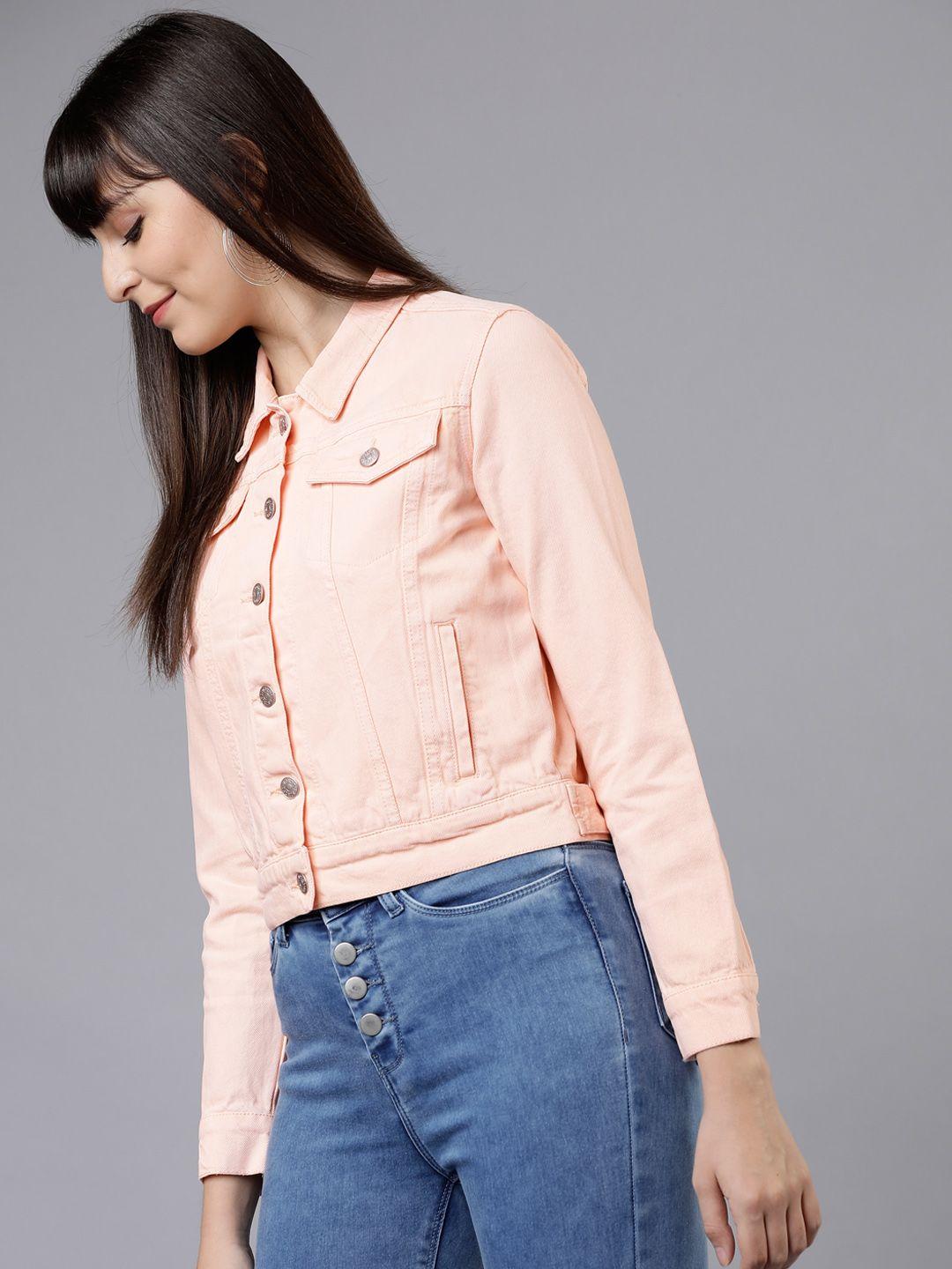 tokyo talkies women peach-coloured solid denim jacket