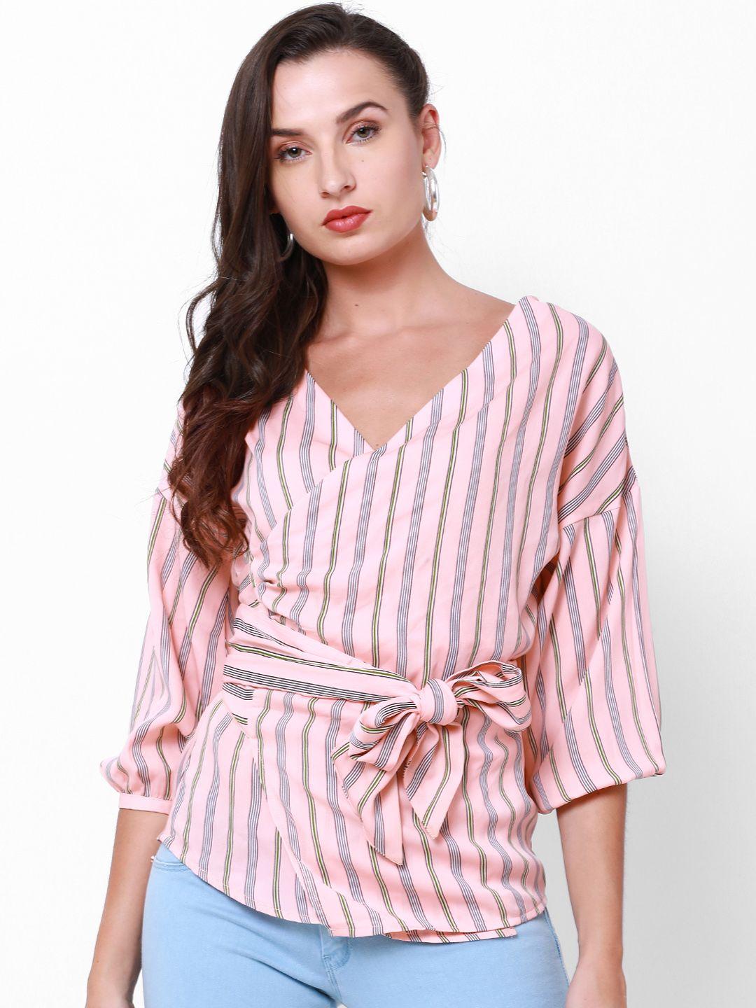 tokyo talkies women peach-coloured striped wrap top