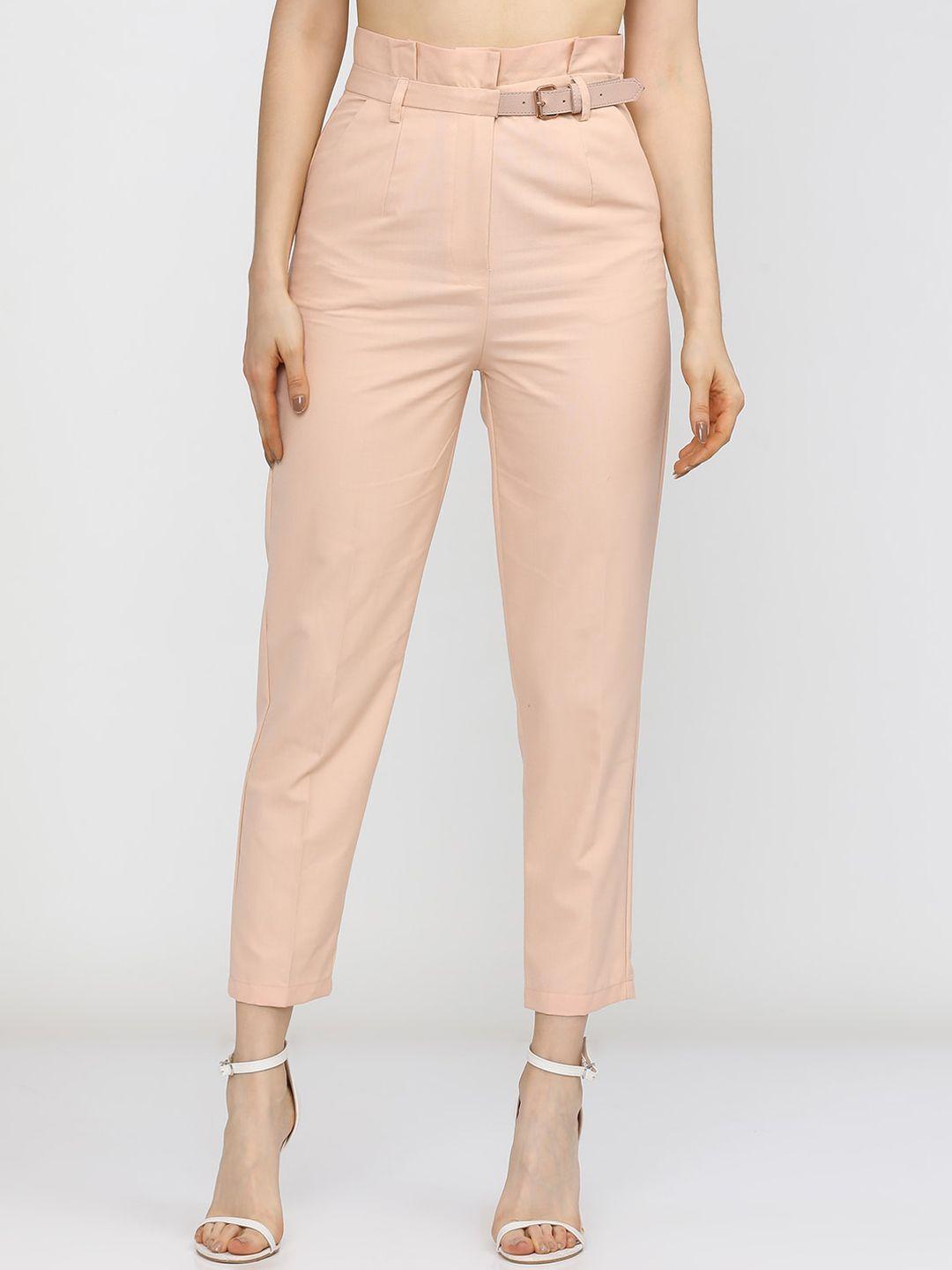 tokyo talkies women peach-coloured tapered fit cigerette trousers