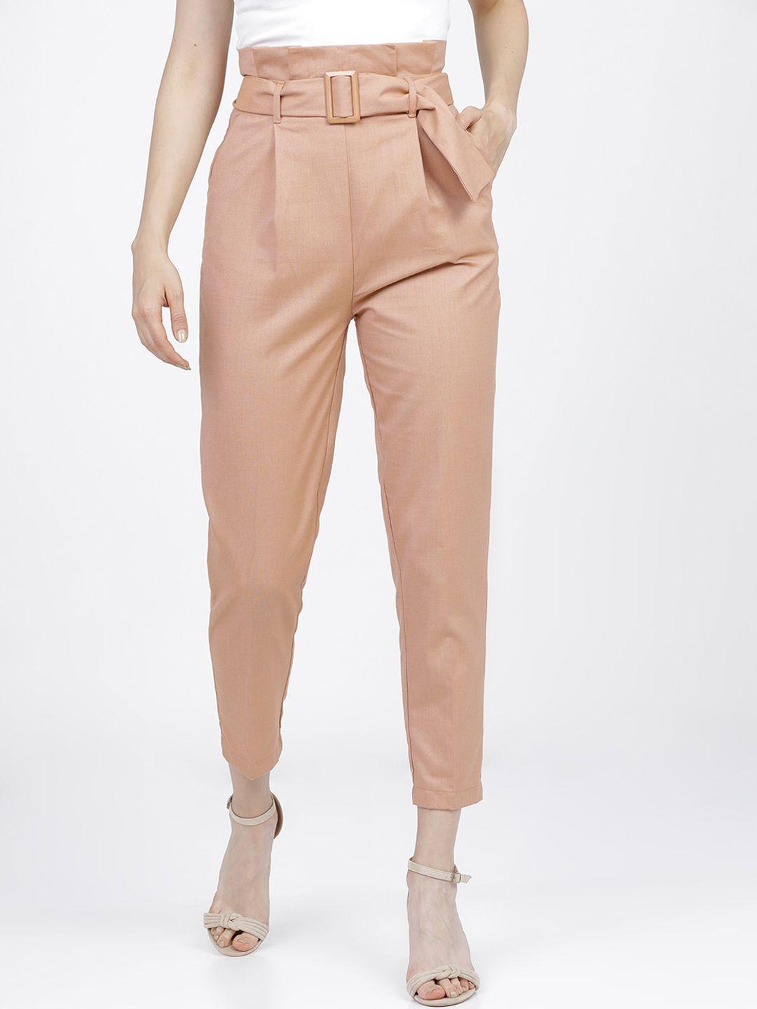 tokyo talkies women peach-coloured tapered fit high-rise pleated formal trousers