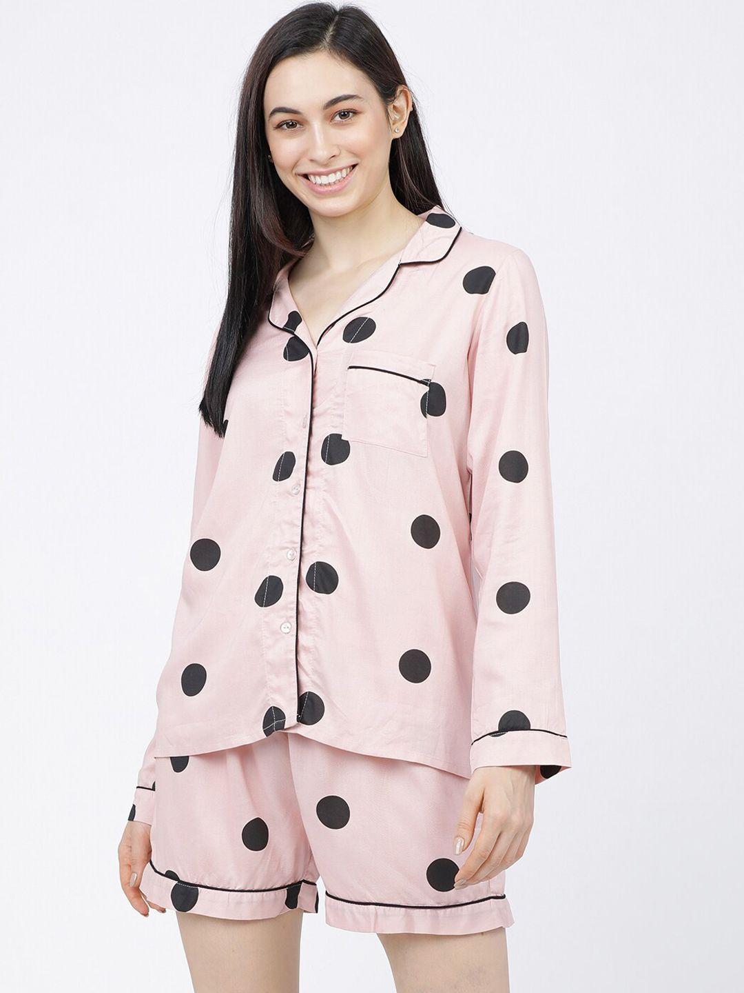 tokyo talkies women pink & black polka dots night suit