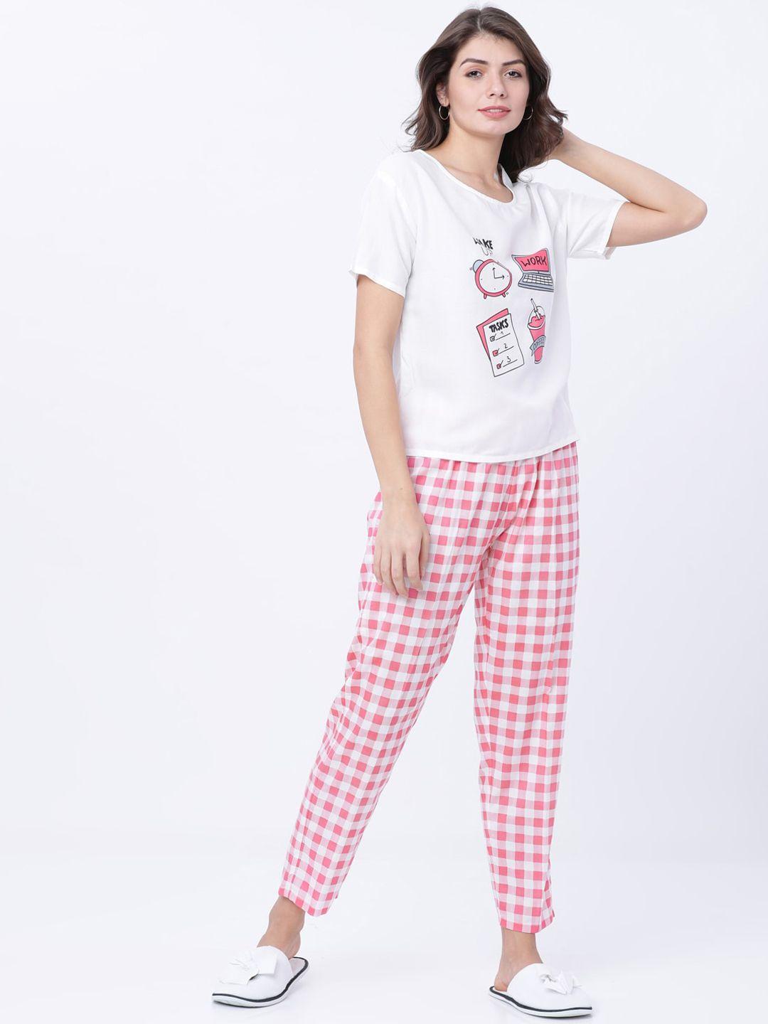 tokyo talkies women pink & white night suit