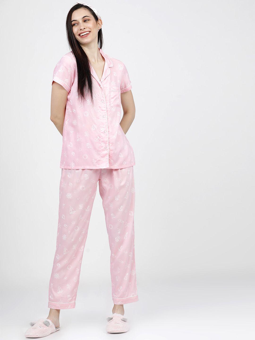 tokyo talkies women pink & white printed night suit